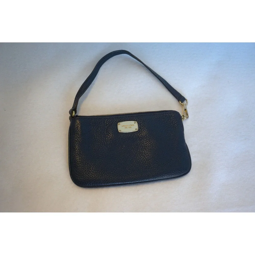Michael Kors Navy Blue Pebbled Leather Wristlet Gold‎ Hardware Pouch Bag